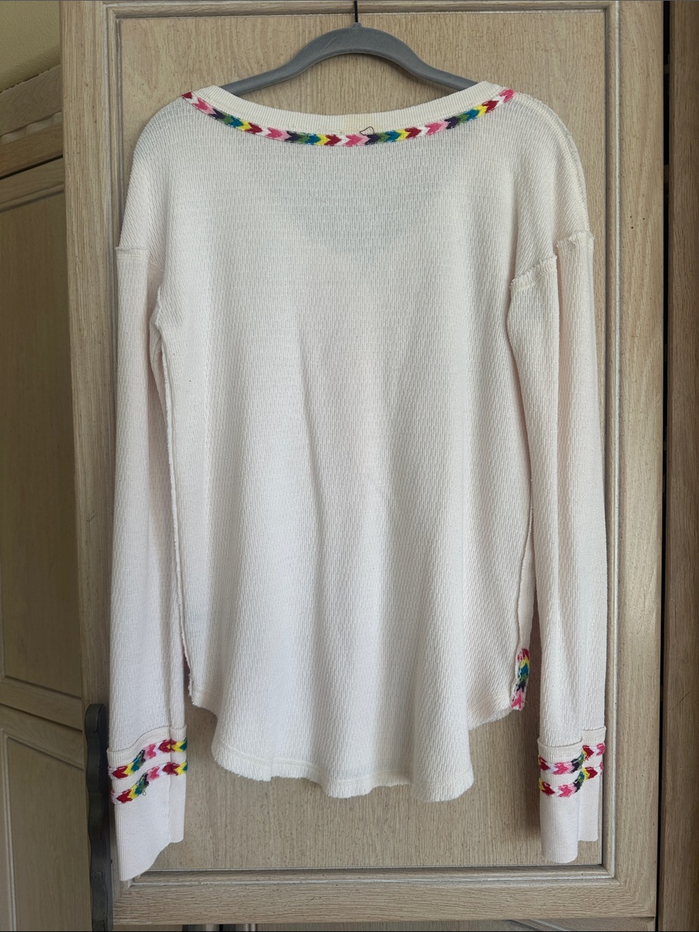 Free People Women's Cream Long-Sleeve Knit Henley Top with Multicolor Trim - Picture 3 of 5